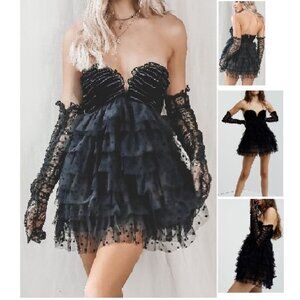 NWT FOR LOVE & LEMONS JOURDAN OFF THE SHOULDER BLACK MINI DRESS W/GLOVES SIZE S